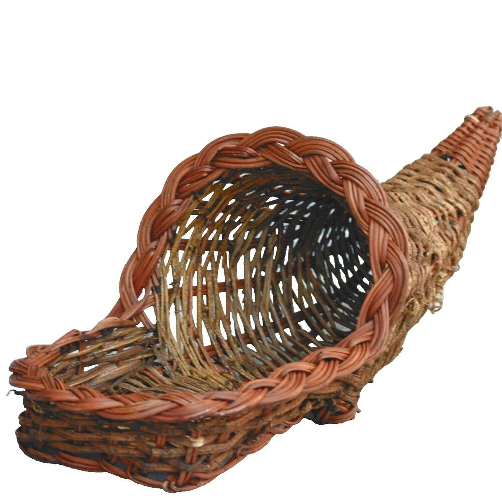 Vintage Wicker Cornucopia Basket 17" Rattan Woven Thanksgiving Harvest Decor